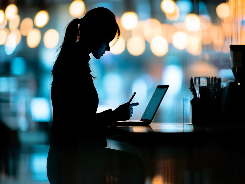 Silhouette of a person using a laptop and phone in a café, highlighting privacy concerns in public WiFi.