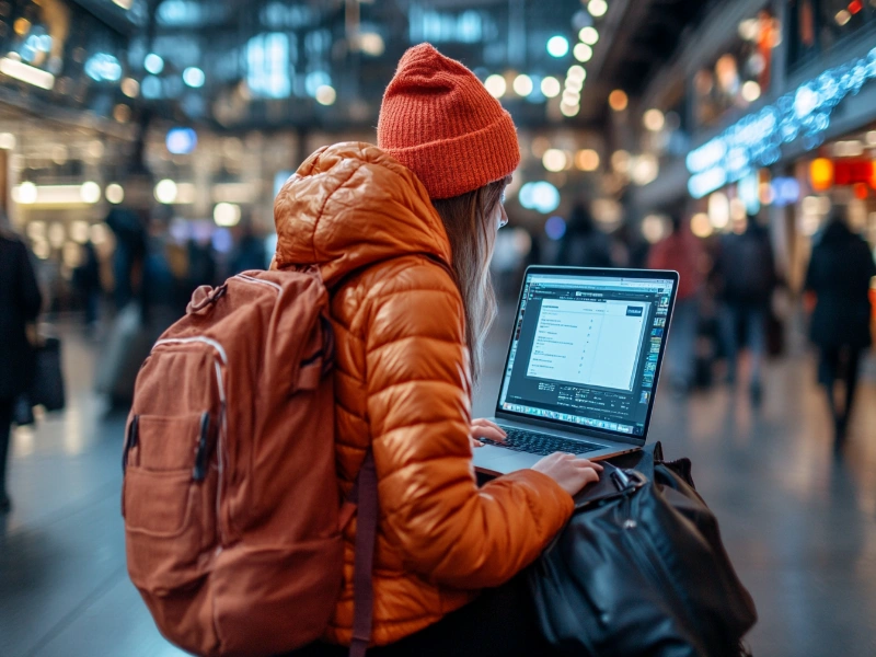 Backpacker connecting to a WiFi network at a busy transit hub while traveling.