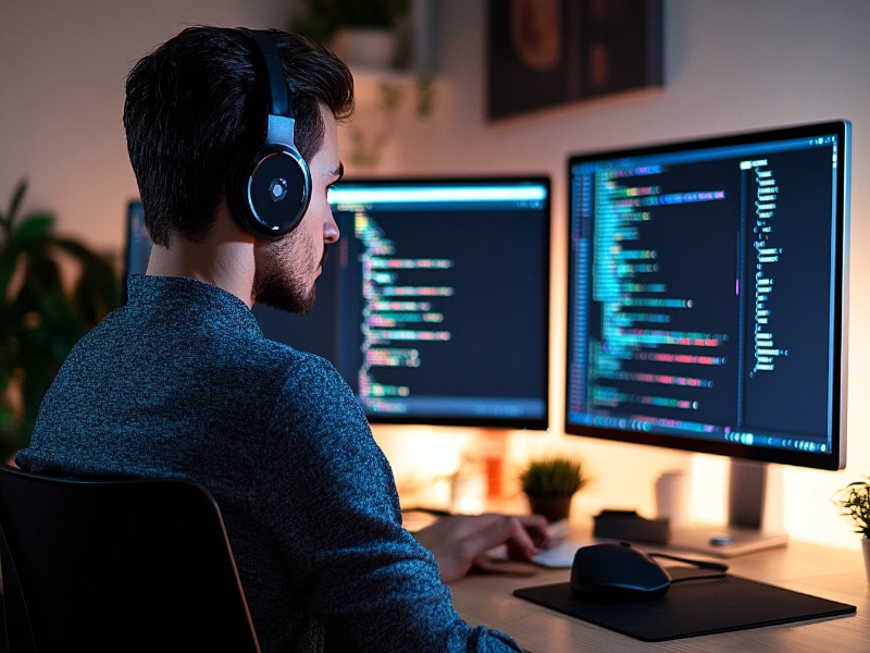 Man wearing headphones coding on dual monitors at his workstation, utilizing the best free code editors available.