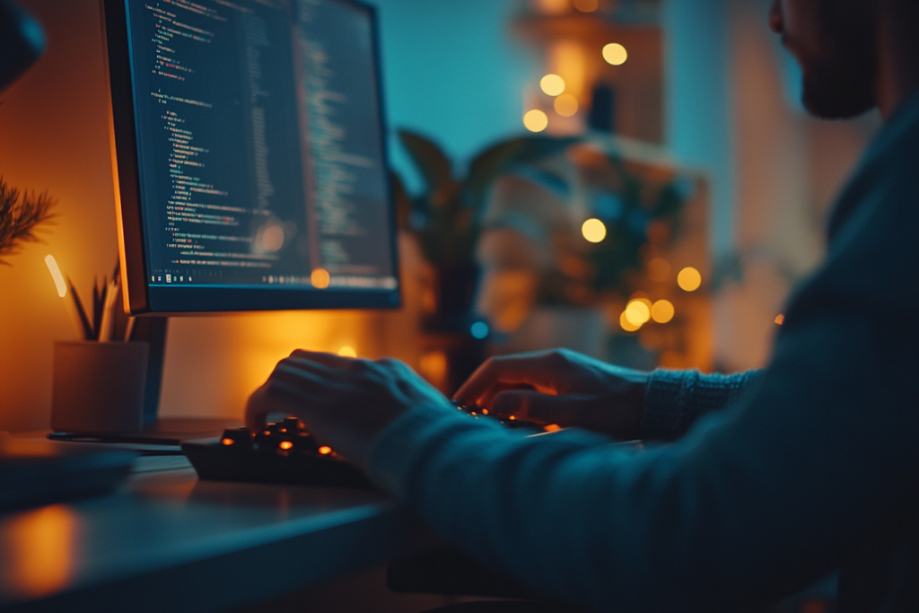 Person typing code on a computer, symbolizing cloud computing development.