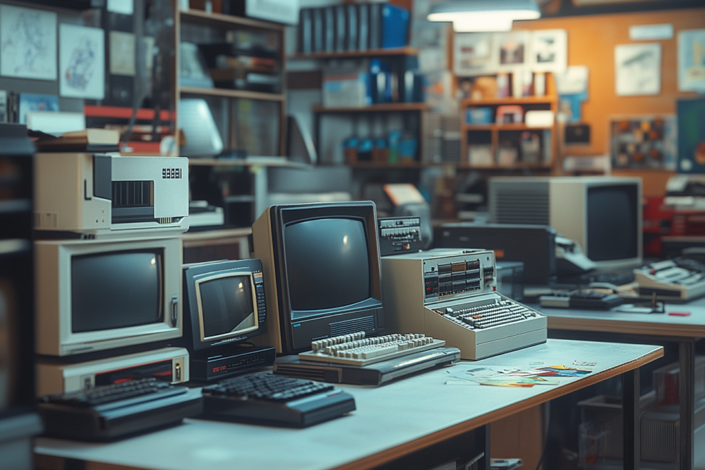 A collection of vintage computer hardware, including old monitors and keyboards, displayed on desks in a retro office setting, symbolizing outdated technology transitioning to modern cloud solutions.